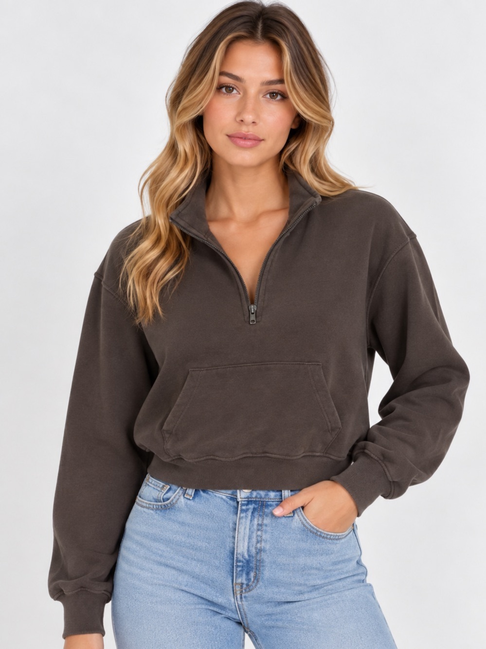 SKIMS Cotton Classic Quarter Zip Pullover | Brown | Size M